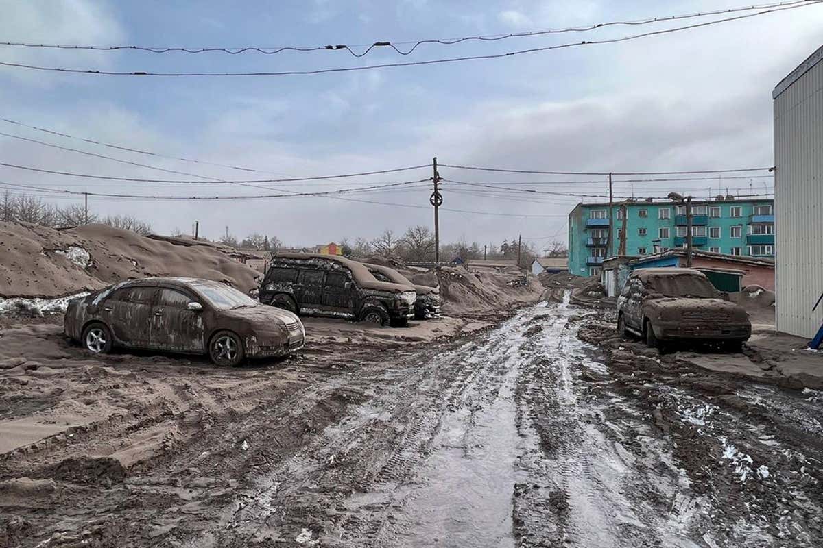 Alamy Live News. 2PM361B This handout photo released by the Head of the Ust-Kamchatsky municipal district Oleg Bondarenko on Tuesday, April 11, 2023, shows volcanic ash covering the ground in Ust-Kamchatsky district after the Shiveluch volcano's eruption on the Kamchatka Peninsula in Russian far east. Shiveluch, one of Russia's most active volcanoes, erupted Tuesday, spewing clouds of ash 20 kilometers into the sky and covering broad areas with ash. (The Head of the Ust-Kamchatsky municipal district Oleg Bondarenko via AP) This is an Alamy Live News image and may not be part of your current Alamy deal . If you are unsure, please contact our sales team to check.